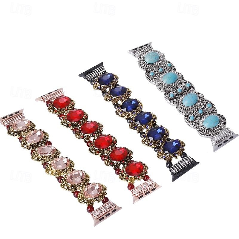 Jewelry Bracelet Compatible with Apple Watch band 38mm 40mm 41mm 42mm 44mm 45mm 49mm Elastic Bling Diamond Beaded Alloy Rhinestone Strap Replacement Wristband for iwatch Ultra 2 Series 9 8 7 SE 6 5 4