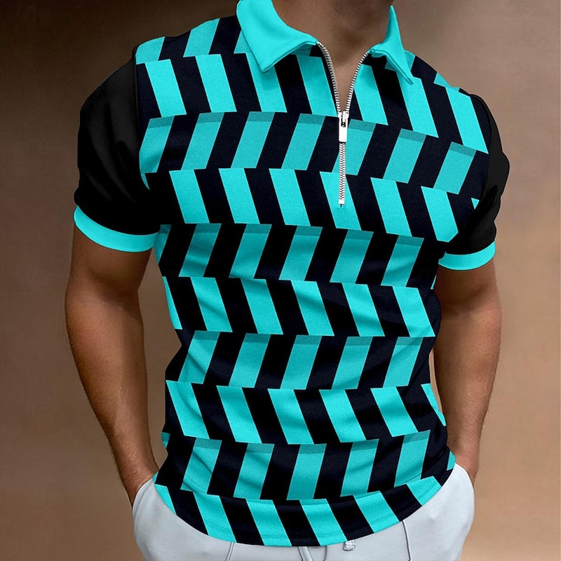 Men's Graphic Zip Polo Shirts Golf Shirt Short Sleeve Polo Shirts Collared Shirts Casual Vacation Wear Rave Wear Party Outfits 3D Print Quarter Zip Polo Summer Violet Pink Lake blue Black / Orange