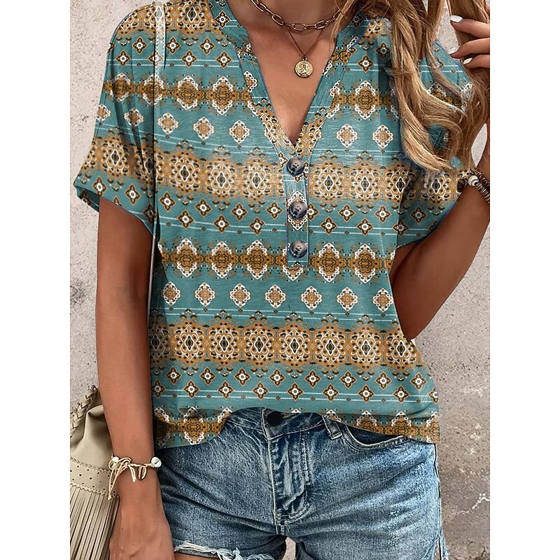 Women's T Shirt Bohemian Blouse Geometric Floral Print V-Neck Short Sleeve Lightweight Fabric Spring Summer Casual Comfort Front Button Detail Versatile Sizing Green3