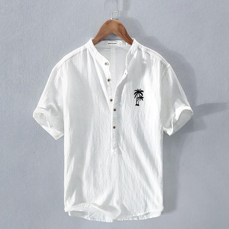 Men's Shirt Linen Shirt Cotton Linen Shirt White Cotton Shirt Minimalist Aloha Shirt Chinese Collar Shirt Coconut Tree Vacation Street White Navy Blue Gray Light Blue Short Sleeve Band Collar Summer