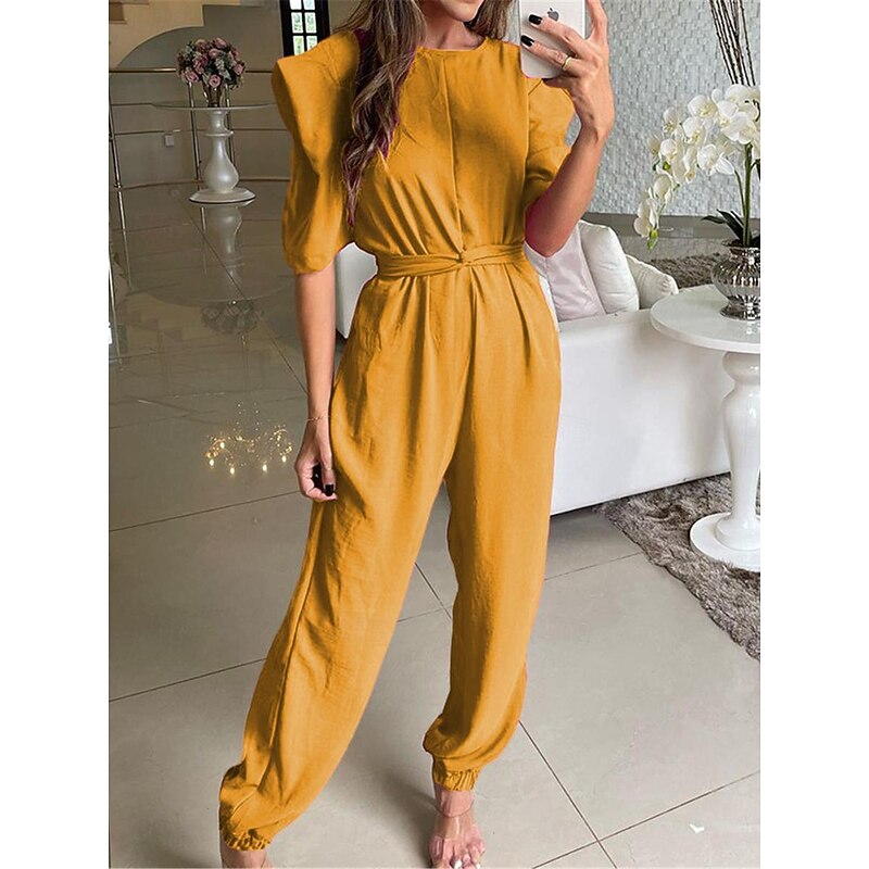 Women's Normal Jumpsuit Streetwear Solid Color Short Sleeve Crew Neck High Waist Street Daily Regular Fit Yellow Fuchsia Green Summer