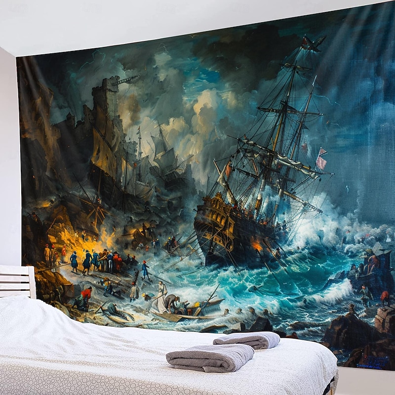 Pirate Ship Oil Painting Hanging Tapestry Wall Art Large Tapestry Mural Decor Photograph Backdrop Blanket Curtain Home Bedroom Living Room Decoration4