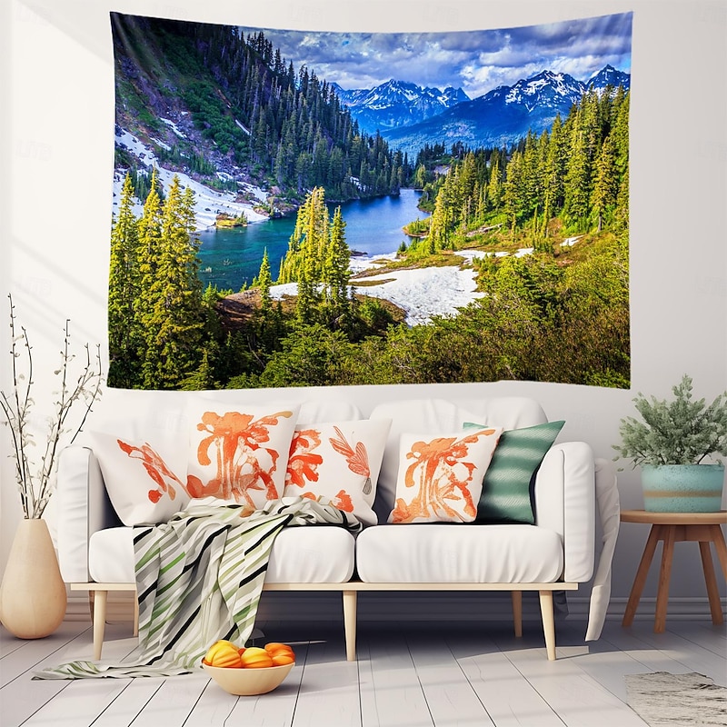 Wall Tapestry Art Decor Blanket Curtain Picnic Tablecloth Hanging Home Bedroom Living Room Dorm Decoration Polyester Green Mountains And Green Waters Views2