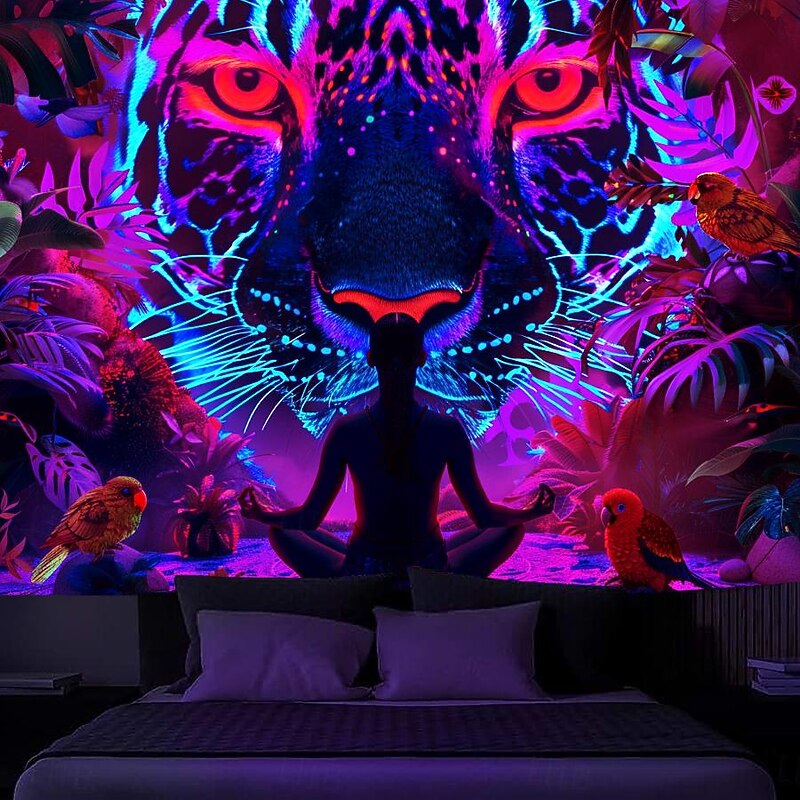 Blacklight Tapestry UV Reactive Glow in the Dark Glow Party Neon Mandala Leopard Meditation Psychedelic Trippy Misty Hanging Tapestry Wall Art Mural for Living Room Bedroom2