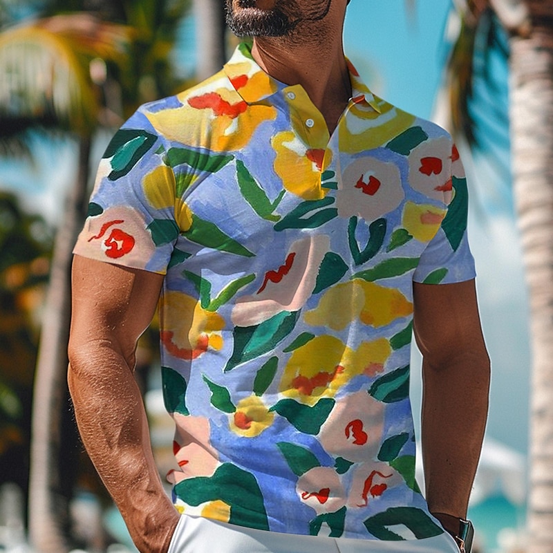 Kentucky Derby Men's Palm Tree Hawaiian Polo Shirts Golf Shirt Short Sleeve Polo Shirts Collared Shirts Beach Wear Vacation Wear Tropical Wear Party Outfits Buttons 3D Print Spring & Summer Yellow4