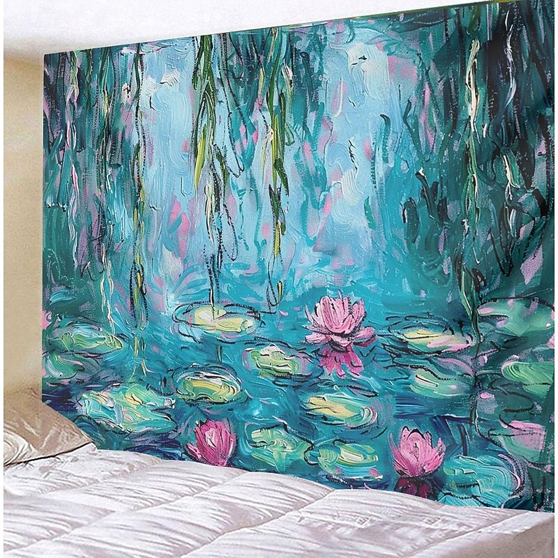 Oil Painting Lotus Hanging Tapestry Wall Art Large Tapestry Mural Decor Photograph Backdrop Blanket Curtain Home Bedroom Living Room Decoration 8