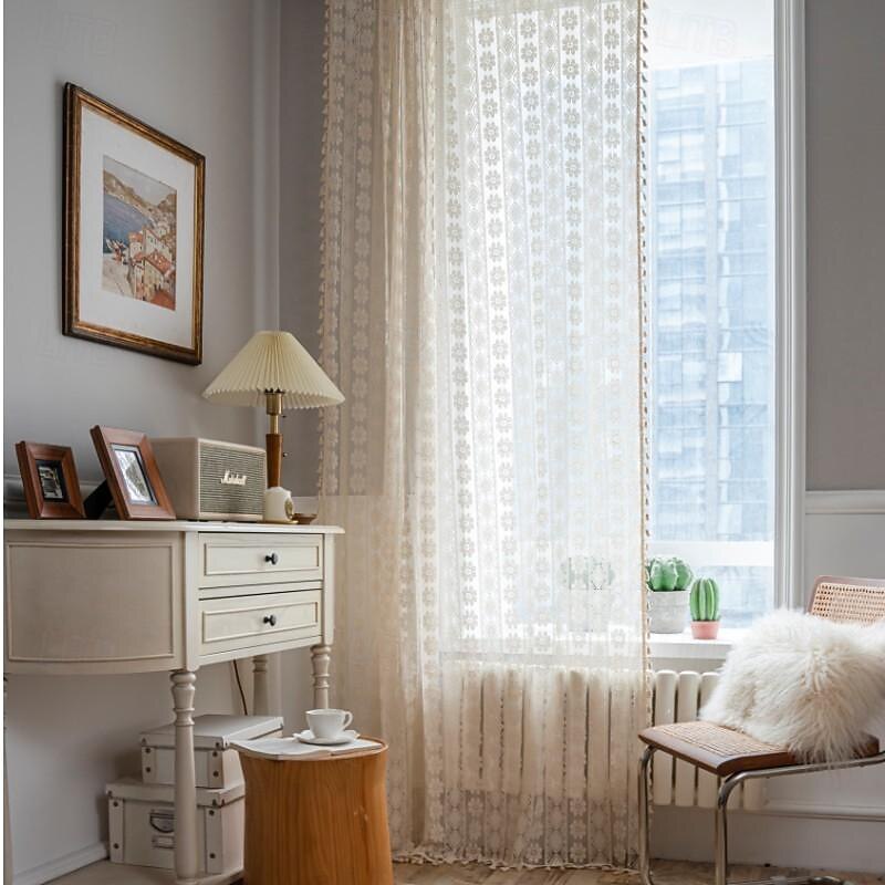 Boho Lace Window Curtain with Tasssel, Vintage Floral Geometric Crochet Curtains Panel Light Filtering Rod Pocket Window Drapes for Bedroom Living Room, 1 Panel4