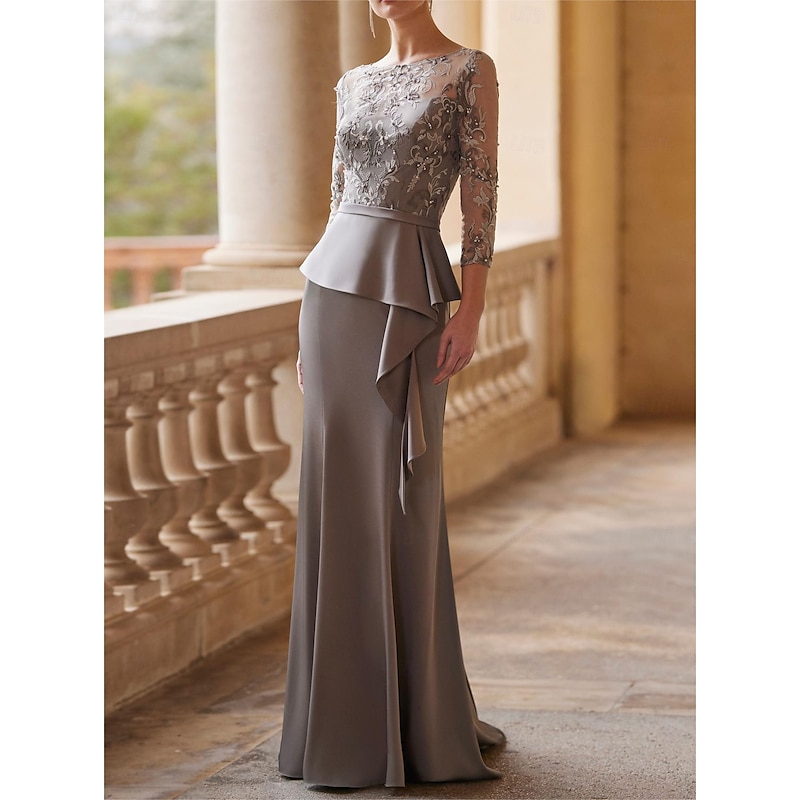 Mermaid Mother of the Bride Dress Elegant Vintage Party Illusion Neck Jewel Neck Floor Length Lace Stretch Fabric 3/4 Length Sleeve Half Sleeve with Sash / Ribbon Ruched Beading