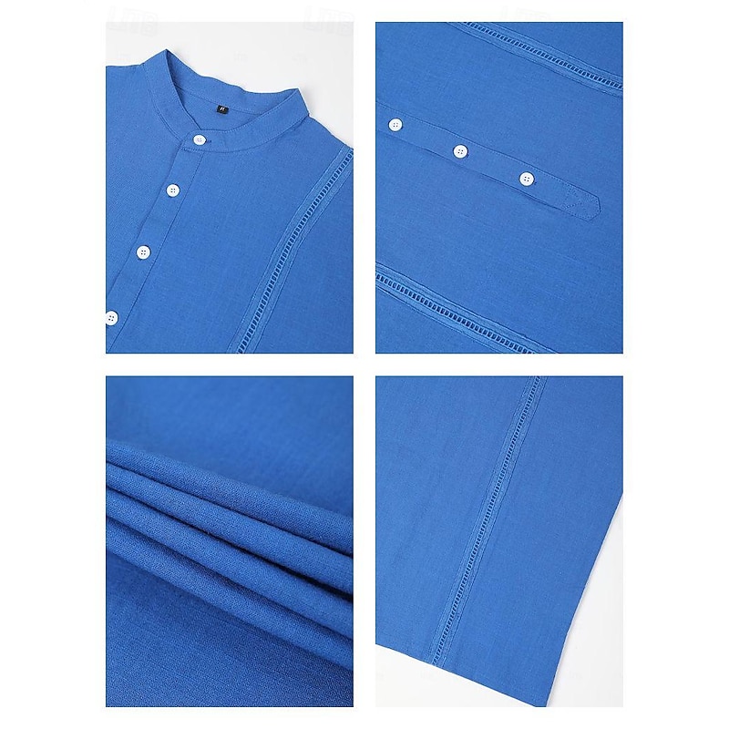Men's Shirt Linen Shirt Guayabera Shirt Popover Shirt Summer Shirt Beach Wear Plain Vacation Casual White Navy Blue Blue Khaki Short Sleeve Collar Summer Clothing Apparel4