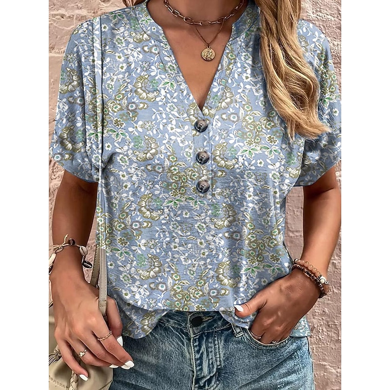 Women's Tunic T Shirt Graphic Vintage Short Sleeve V Neck Regular Tops Daily Print Pink Blue Green Summer3