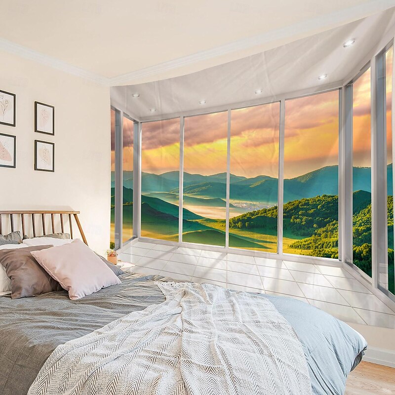 Window View Landscape Hanging Tapestry Wall Art Large Tapestry Mural Decor Photograph Backdrop Blanket Curtain Home Bedroom Living Room Decoration4