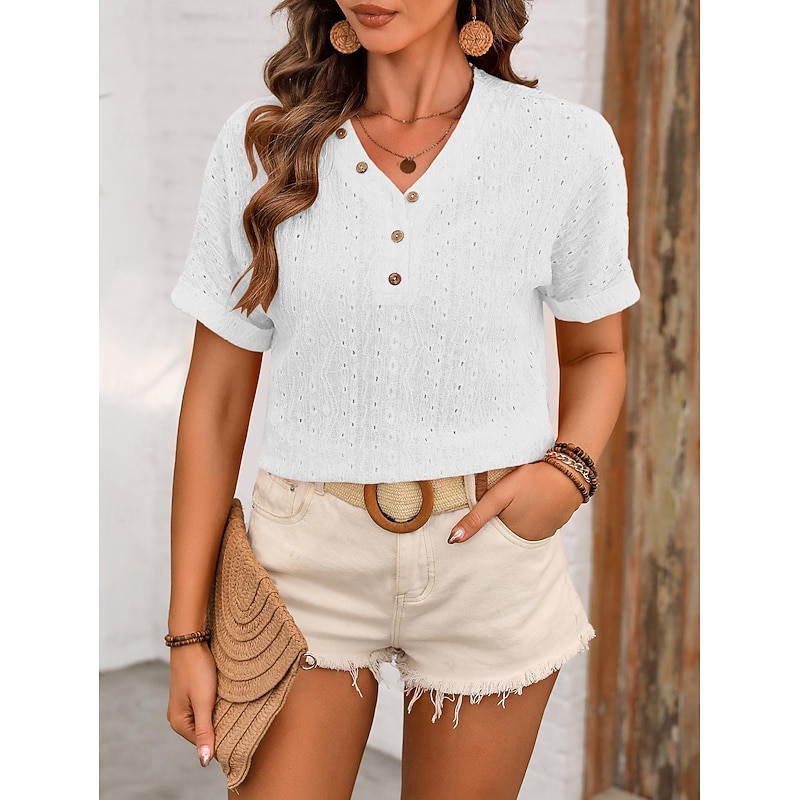 Women's White Elegant Lace Tops Eyelet Blouse Fashion Plain Regular Tops Short Sleeve V Neck Lace Regular Fit Vacation Daily Romantic Petite Tops Summer Holiday Wear Black White Orange Summer