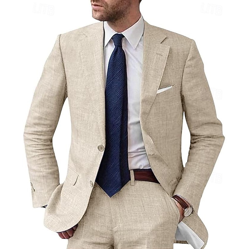 Men's Wedding Beach Linen Suits Notch Light Blue Champagne Solid Colored Tailored Fit 2 Piece Single Breasted Two-buttons2