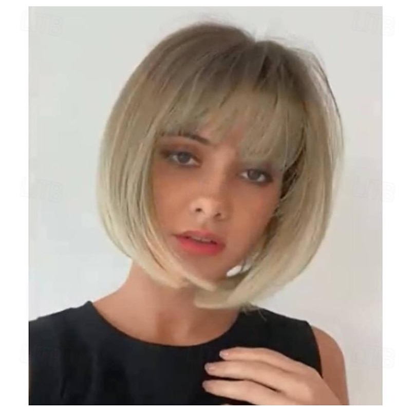 Short Bob Wig with Bangs Heat Resistant Synthetic Straight Wigs for Women Cute Dark Ash Blonde blended with Blonde 10 inches Light Brown Black Brown Light Blonde Blonde2