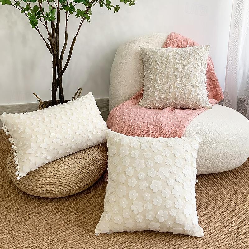 Linen and Cotton Pillow Cover French Lace Embroidered Pillow Case Embossed Butterfly Feather Sofa Cushion 1PC4
