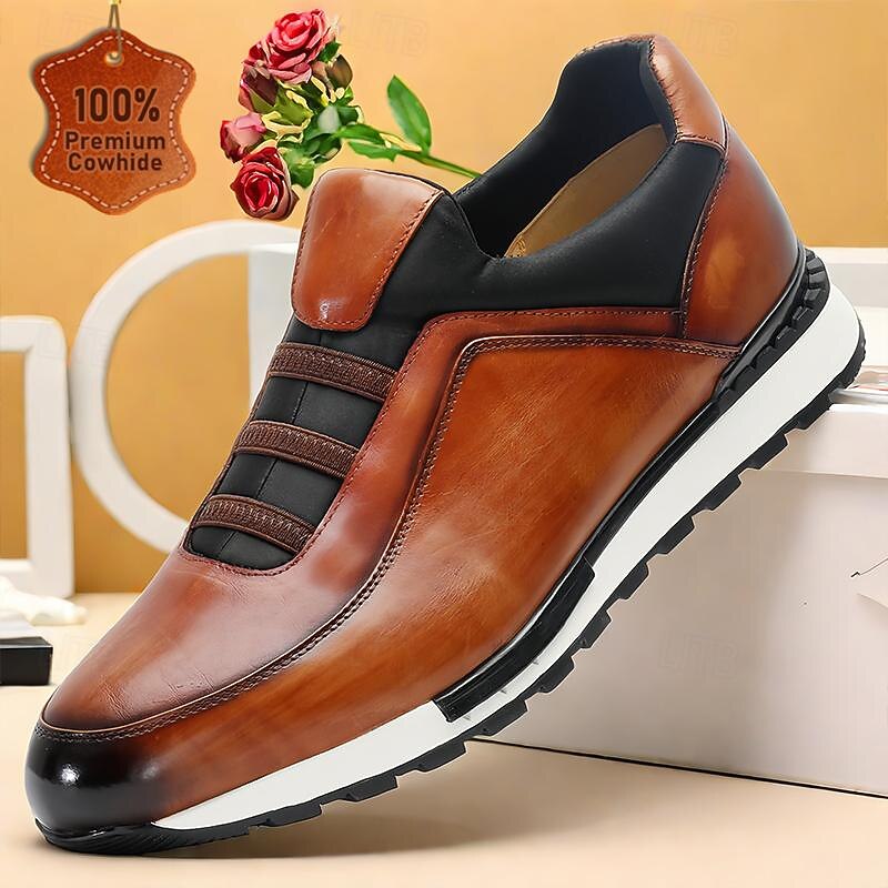 Men's Dress Sneakers Leather Italian Full-Grain Cowhide Slip Resistant Lace-up Brown