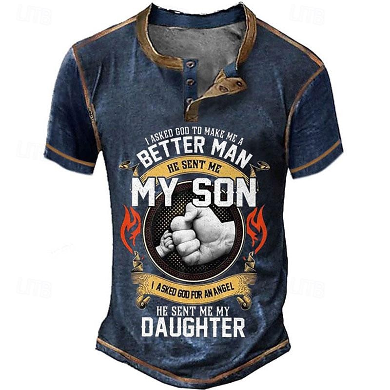 Men's Fatherhood Graphic T-Shirt | 'My Son My Daughter Better Man' Family Short Sleeve Henley Tee - Main Image