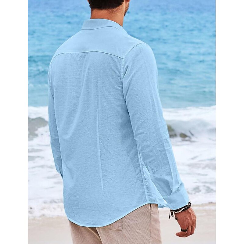 Men's Shirt Linen Shirt Summer Shirt Beach Wear Casual Shirt Button Up Shirt Plain Vacation Curise Black White Light Green Pink Long Sleeve Stand Collar Spring & Summer Clothing Apparel2