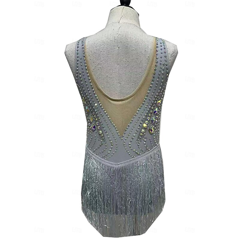 Figure Skating Dress Women's Girls' Ice Skating Dress Grey Tassel Mesh Spandex Micro-elastic Training Skating Wear Crystal / Rhinestone Sleeveless Ice Skating Figure Skating3