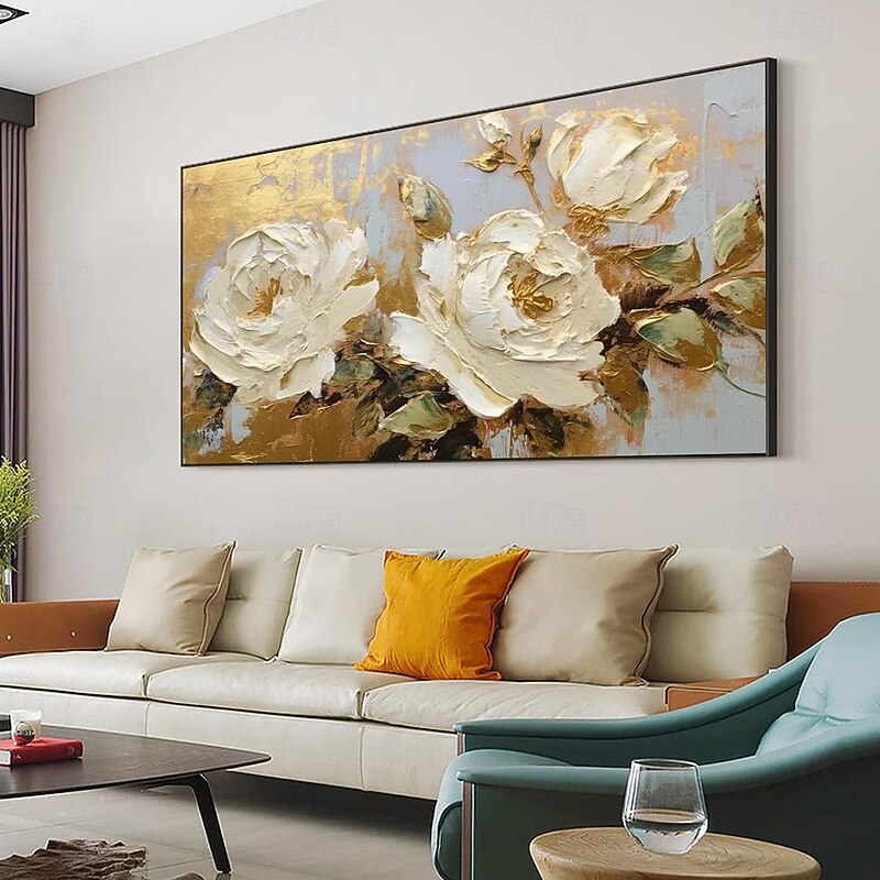 Mintura Handmade Gold Floral Oil Paintings On Canvas Large Wall Art Decoration Modern Abstract White Flower Picture For Home Decor Rolled Frameless Unstretched Painting3