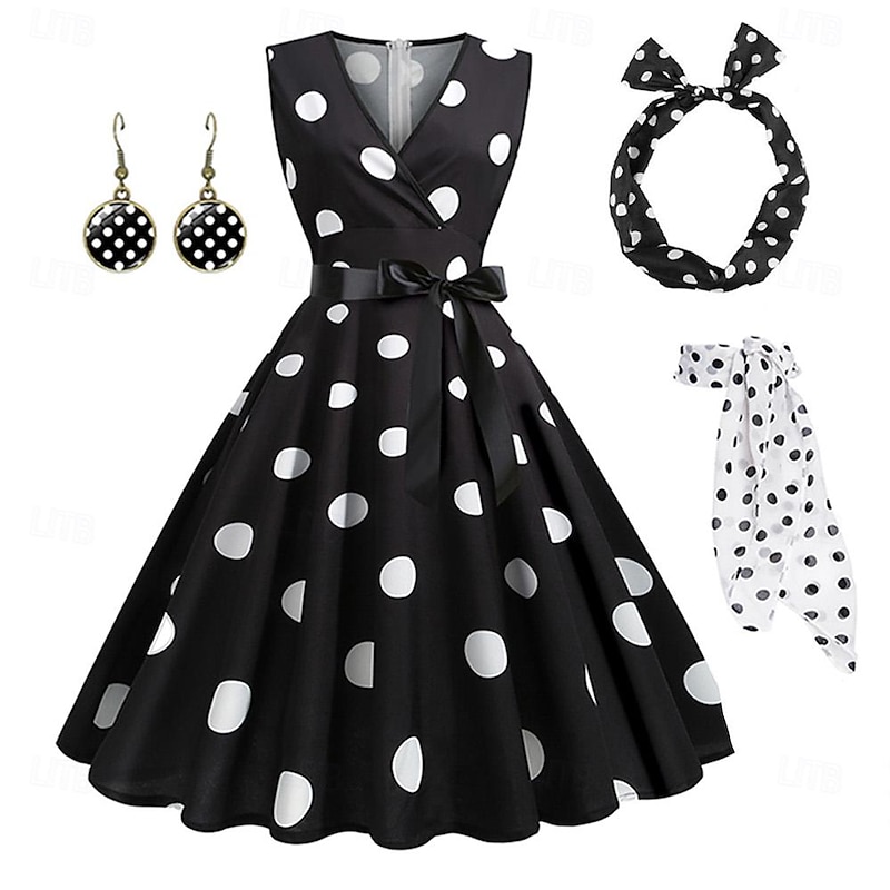 Women's A-Line Rockabilly Dress Polka Dots Swing Dress Flare Dress with Accessories Set 1950s Grease Outfits 60s Retro Vintage with Headband Chiffon Scarf Earrings3