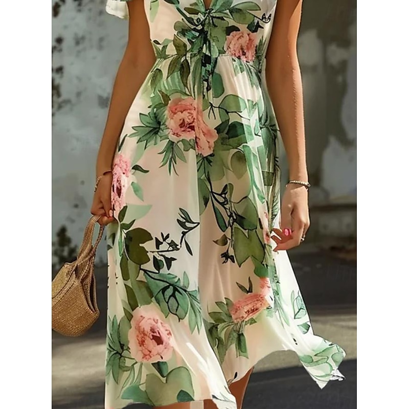 Women's Midi Dress Floral V-Neck A-Line Flutter Sleeve Rose Pattern Lightweight Summer Garden Party Wedding Guest Brunch Flowy Feminine White Pink Green3
