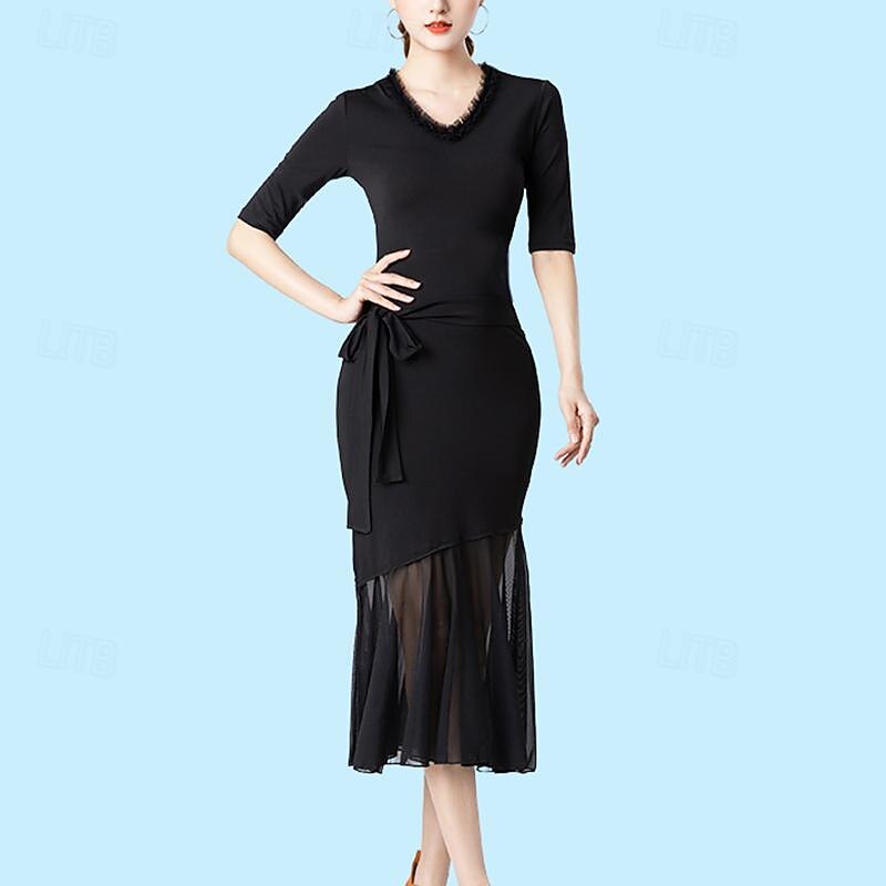 Latin Dance Ballroom Dance Dress Pure Color Splicing Tulle Women's Performance Training Half Sleeve High Cotton Blend3