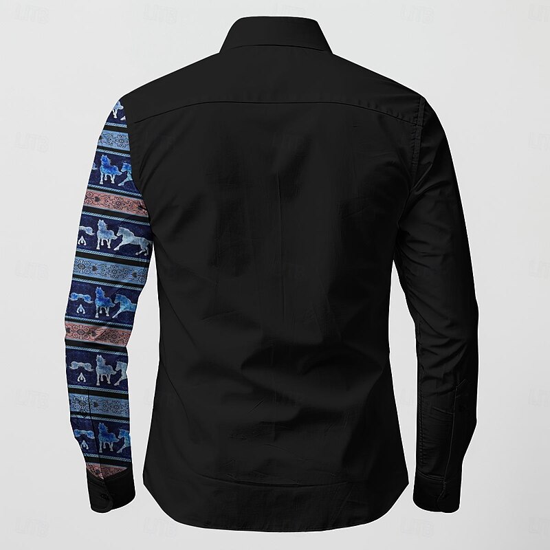 Men's Horse Shirt Western Shirt Cowboy Shirt Long Sleeve Vintage Western Style Outdoor Street Casual Daily Fall & Winter Turndown Buttons Print Blue2