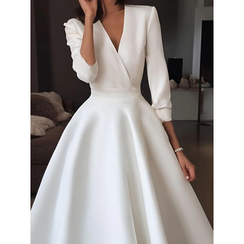 Wedding Dresses A-Line V Neck Half Sleeve Tea Length Satin Bridal Gowns With Draping2