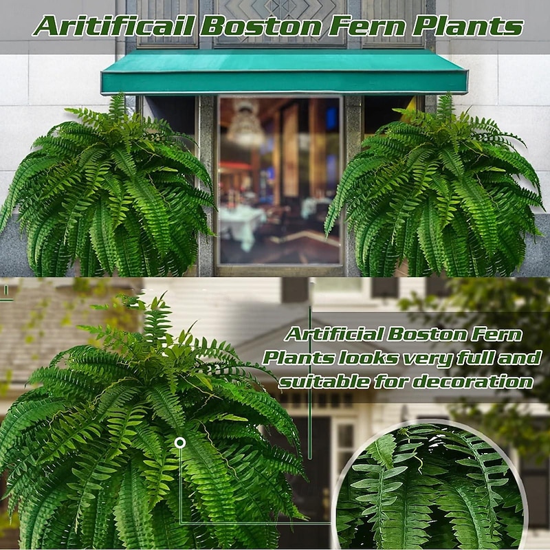 UV Resistant Lifelike Artificial Boston Fern, Artificial Ferns for Outdoors, Faux Ferns Fake Ferns Artificial Plants, Fake Boston Fern for Porch Window Home Decor3