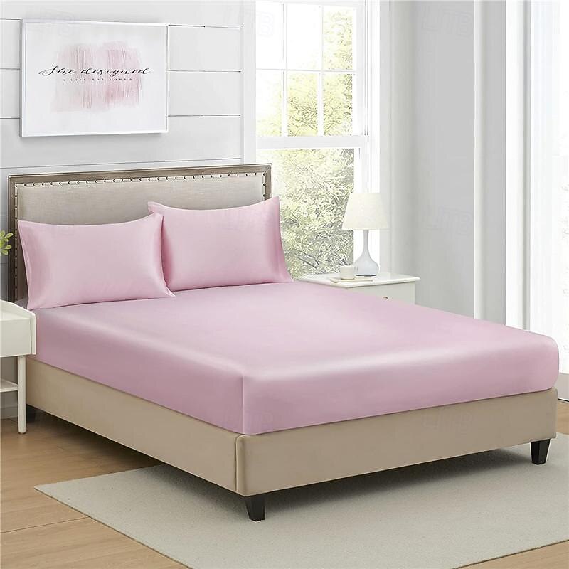 Cooling Satin Fitted Sheet Solid Color Mattress Cover with Elastic Band Bedsheet Single Double Queen King Size Fit Sheet3