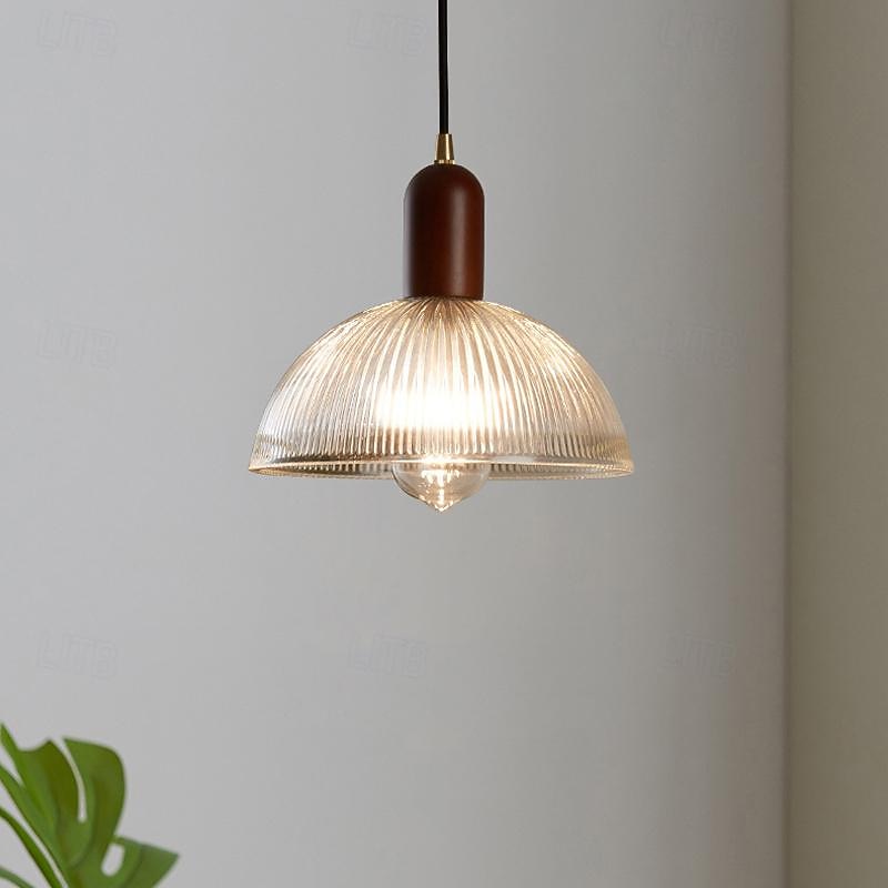 Vintage Semicircular Strpe Glass Pendant Light with Wood Decor for Kitchen Island with E26 Socket Bar Counter Ajustable Height Suspension Lamp for Bedroom Reataurant Loft Cafe Reading2