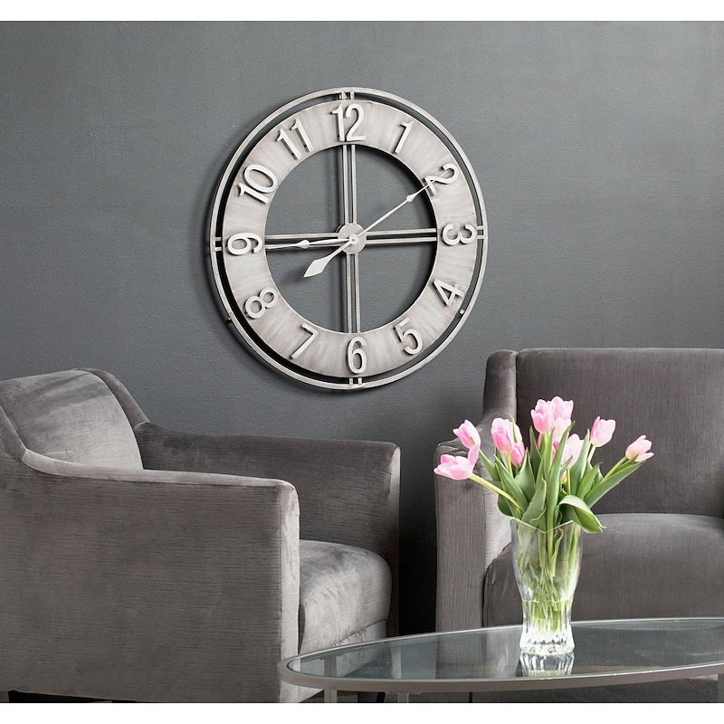 Wall Clock Becka Gray Silver 60CM Wall Clock Modern Silent Clockwork Industrial Wall Clock Round Wall Clock Metal Industrial Iron Vintage French Provincial Antique