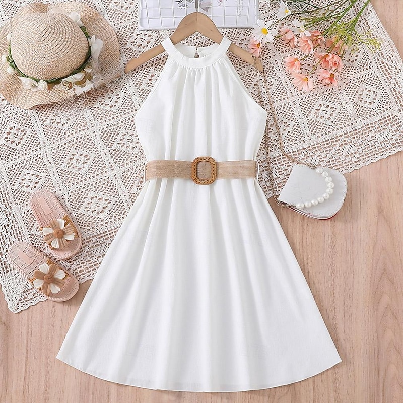 Kids Girls' Dress Solid Color Halter Neck Dress Above Knee Dress School Halter Off Shoulder Sleeveless Fashion Dress 7-13 Years Summer Light Green3