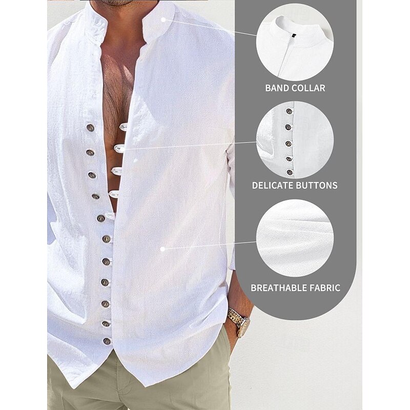 Men's Shirt Linen Shirt Summer Shirt Beach Wear Casual Shirt Button Up Shirt Plain Vacation Daily Black White Pink Blue Long Sleeve Band Collar Summer Spring &  Fall Clothing Apparel2