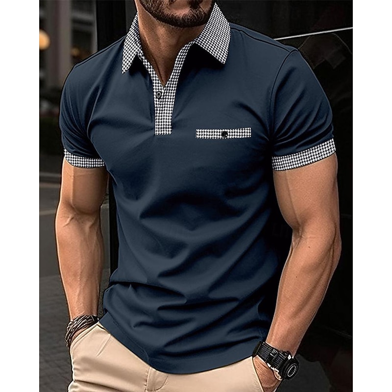 Men's Golf Shirt Golf Polos Shirts Work Casual Lapel Short Sleeve Basic Modern Color Block Houndstooth Patchwork Spring & Summer Regular Fit Black White Red Navy Blue Blue Beige Golf Shirt2