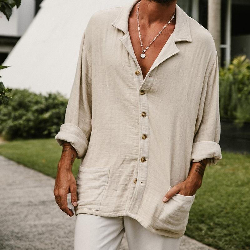 Men's Shirt Linen Shirt White Cotton Shirt Casual Shirt Cotton Linen Shirt Cotton Shirt Plain Vacation Hawaiian White Apricot Long Sleeve Camp Collar Spring &  Fall Clothing Apparel Button-Down3