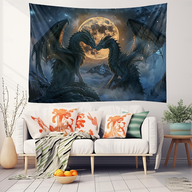 Dragon Couple Moon Hanging Tapestry Wall Art Large Tapestry Mural Decor Photograph Backdrop Blanket Curtain Home Bedroom Living Room Decoration2