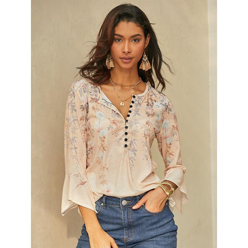 Women's T Shirt Basic Floral Buttons Print 3/4 Length Sleeve Regular Tops Round Neck Holiday Yellow Blue4