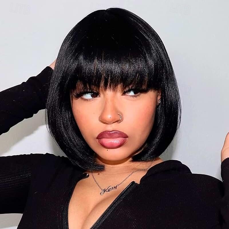 Brazilian Human Hair Wig with Bangs Remy Straight Hair Bob Wigs Full Machine Made Wig for Women 8-14Inches Glueless Bob Wig