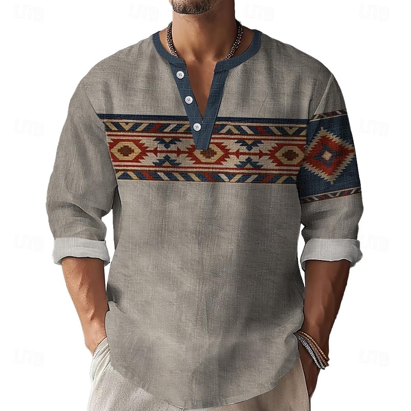 Men's Shirt Button Up Shirt Long Sleeve Casual Daily Summer Spring Fall Stand Collar Print Gray