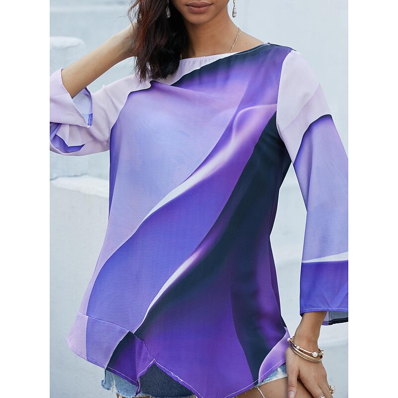 Women's Blouse Long Sleeve Asymmetrical Hem Tunic Top Chiffon Stylish Neon & Bright Ombre Print Asymmetric Hem Long Tops Round Neck Casual Daily Pink Purple Orange Green Gray Spring Fall4