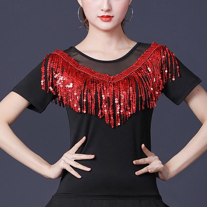 Latin Dance Ballroom Dance Top Tassel Pure Color Splicing Women's Performance Training Short Sleeve High Polyester