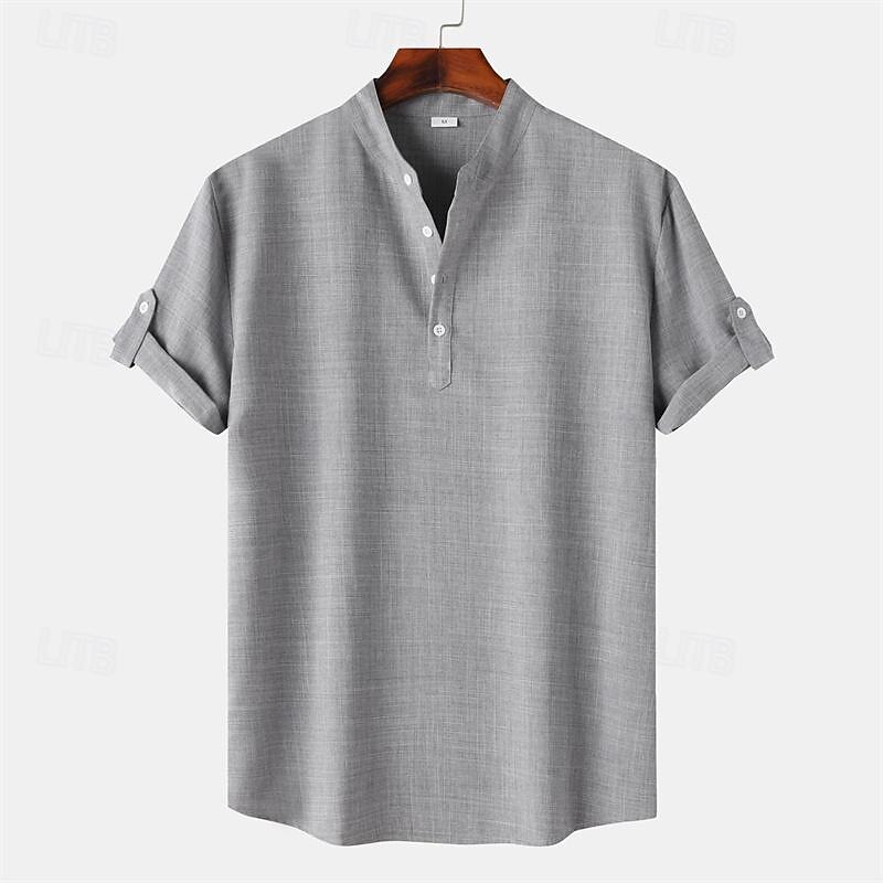 Men's Shirt Linen Shirt Chinese Collar Shirt Mandarin Collar Shirt Casual Shirt Cotton Shirt Plain Vacation Street Black Yellow Light Green Pink Short Sleeve Band Collar Summer Clothing Apparel 5