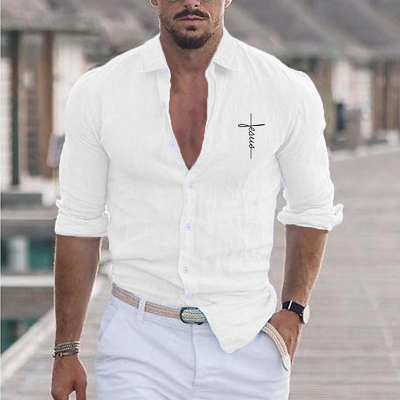 Men's Shirt Linen Shirt White Cotton Shirt Casual Shirt Cotton Linen Shirt Cotton Shirt Cross Vacation Hawaiian Black White Pink Gray Long Sleeve Lapel Spring &  Fall Clothing Apparel Button-Down