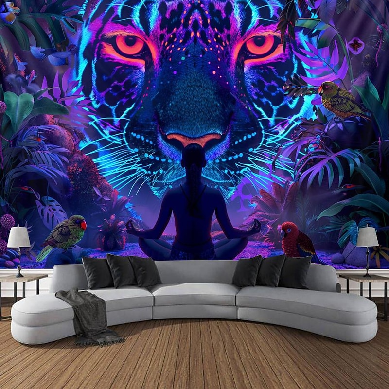 Blacklight Tapestry UV Reactive Glow in the Dark Glow Party Neon Mandala Leopard Meditation Psychedelic Trippy Misty Hanging Tapestry Wall Art Mural for Living Room Bedroom
