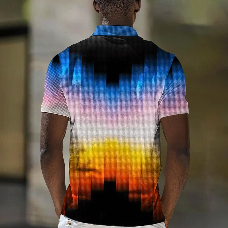 Men's Waffle Polo Shirts Golf Shirt Short Sleeve Polo Shirts Collared Shirts Vacation Wear Formal Wear Festival Wear Buttons 3D Print Spring & Summer Blue2