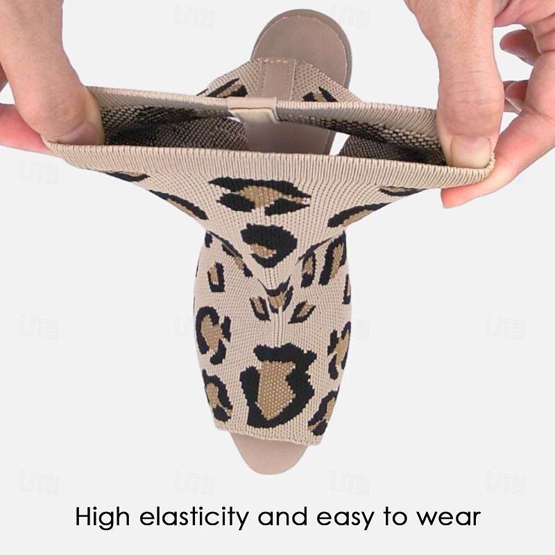 Women's Leopard Print Peep Toe Sock Sandals with Chunky Heel and Cutout Back, Trendy Knit Stretch Heels for Summer Streetwear, Parties, and Casual Chic Looks3