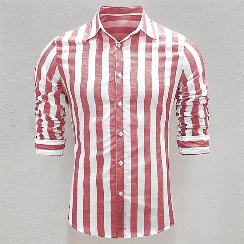Men's Shirt Linen Shirt Casual Shirt Cotton Shirt Striped Shirts Stripes Vacation Hawaiian Yellow Red Navy Blue Blue Long Sleeve Lapel Spring &  Fall Clothing Apparel Button-Down3