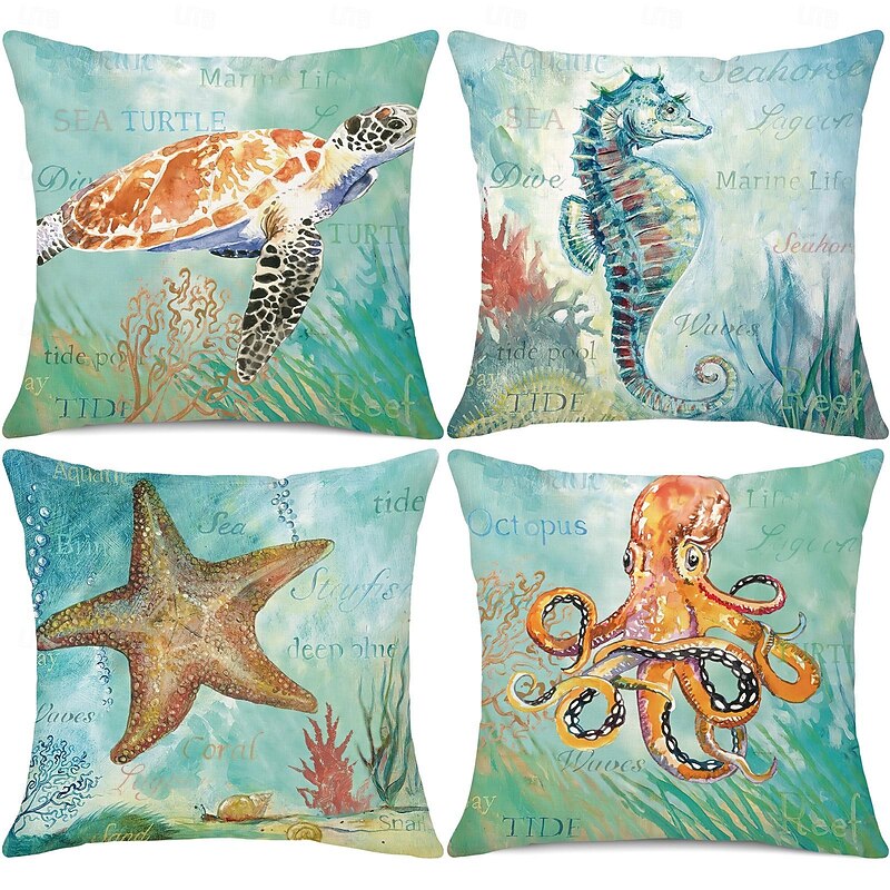 Decorative Toss Pillows Cover 4PC Sea Animals Soft Square Cushion Case Pillowcase for Bedroom Livingroom Sofa Couch Chair